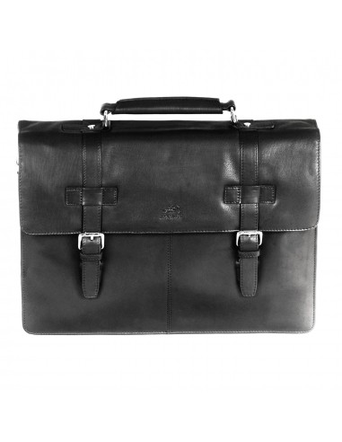 Mancini Leather Double Compartment Flap Briefcase for 15.6" Laptop / Tablet, 16" x 4" x 12", Black